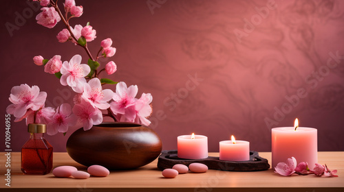 sakura branch and candles, towels. spa concept