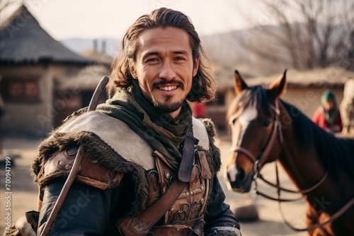 View of a handsome man in medieval clothing on a horseback. © Nerea