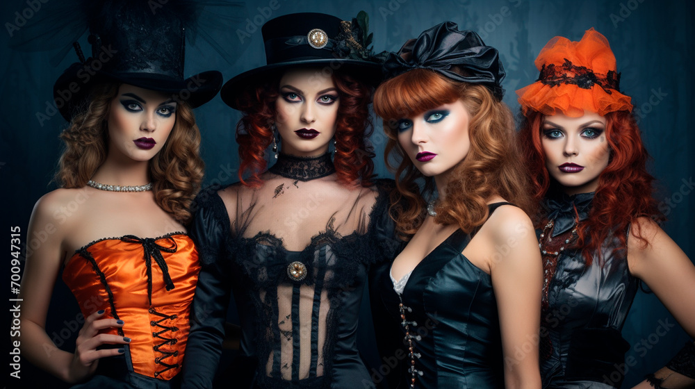 women in costumes celebrate Halloween. Halloween have fun at the party