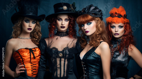 women in costumes celebrate Halloween. Halloween have fun at the party