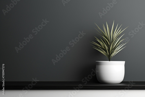 Palm plant in a white pot on a black shelf. Modern interior. Generated by artificial intelligence
