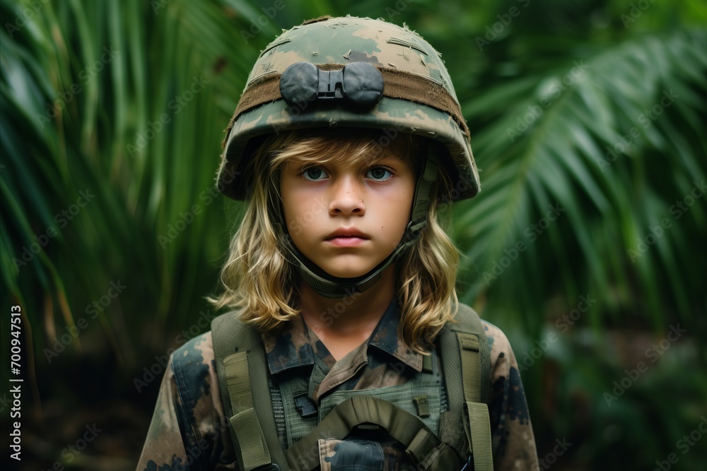 Portrait of a cute little boy dressed as a soldier in the jungle Portrait of a cute little boy dressed as a soldier in the jungle