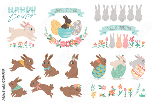 Set of easter elements. Bunny, flower, eggs cute graphic. Easter egg hunt cartoon clip art. Easter rabbit collection for greeting card & fashion print.
