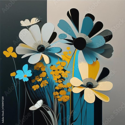 Flowers art background. Digital generated wallpaper design with flower paint brush line art. Teal, yellow and grey flowers Illustration.