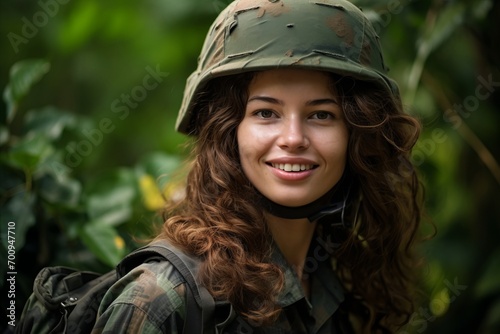 Portrait of a beautiful young woman with a military helmet in the forest © Nerea
