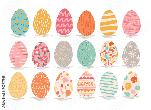 Collection of spring Easter eggs with flowers. Bundle of cute colorful eggs with festive patterns in dots  geometric or floral ornaments. Vector illustration. Graphic elements in flat design. 