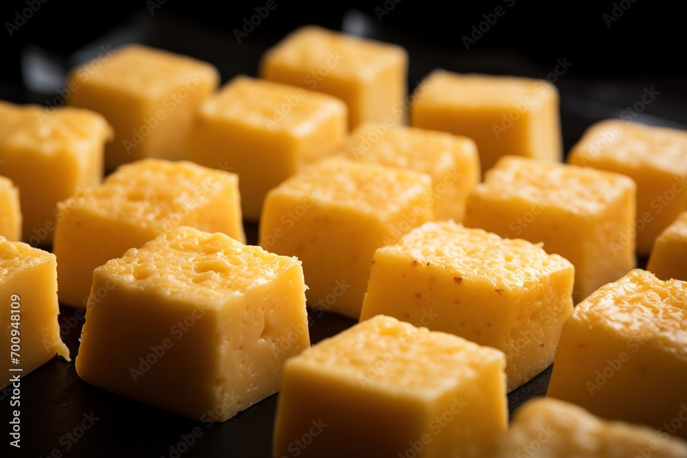 Close-up of a plate of yellow cheese cubes. Close-up of a plate of yellow cheese cubes.
