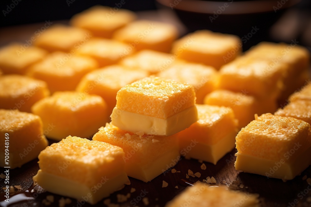 Close-up of a plate of yellow cheese cubes.