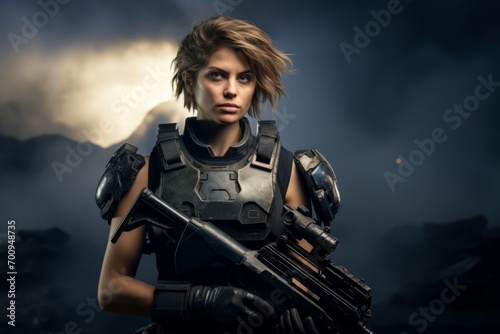 Shot of a futuristic woman holding a machine gun against a dark background.