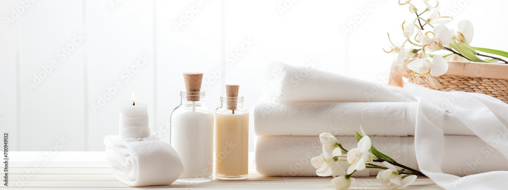 wellness frame layout with towels, candle light background