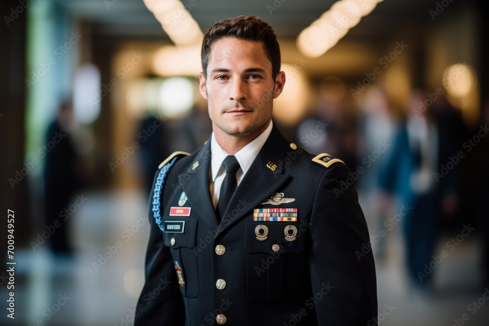 Obraz premium Portrait of a handsome young man in a military uniform. Selective focus.