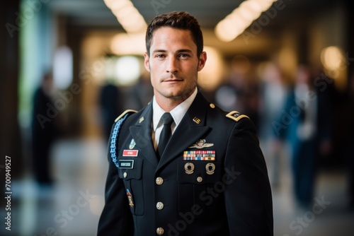 Portrait of a handsome young man in a military uniform. Selective focus.