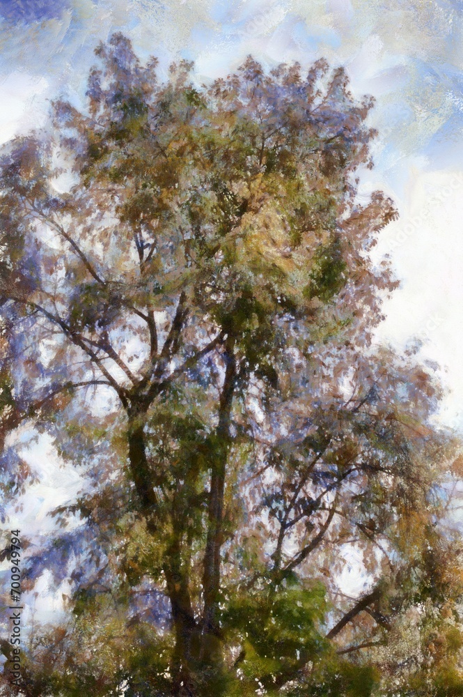 A large tree with bushy leaves and branches Illustrations in chalk crayon colored pencils impressionist style paintings. A large tree with bushy leaves and branches Illustrations in chalk crayon colored pencils impressionist style paintings.