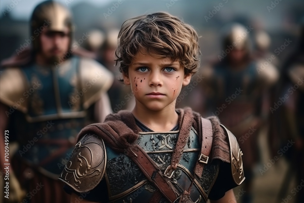 Portrait of a young boy in armor against the background of the battlefield