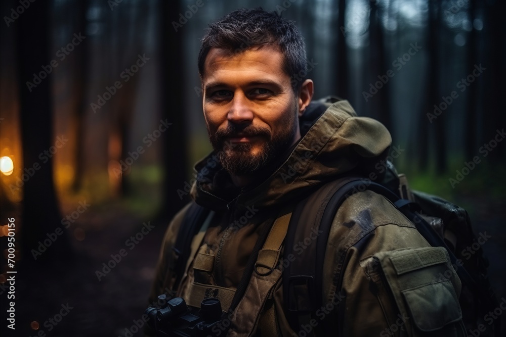 Handsome bearded man with backpack in the forest at night.