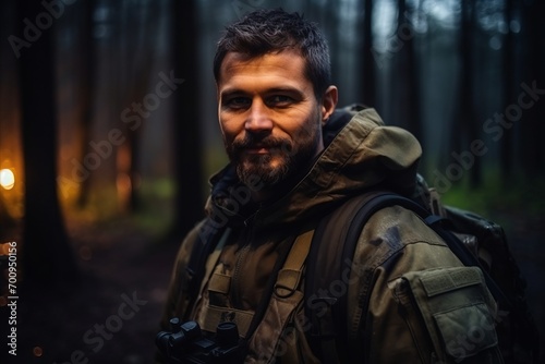 Handsome bearded man with backpack in the forest at night.