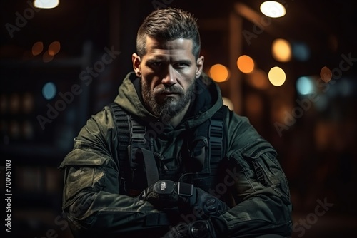Portrait of a brutal man in a military jacket on the background of night city