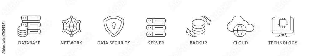 Data center banner web icon vector illustration concept with icon of database, network, data security, server, backup, cloud and technology Data center banner web icon vector illustration concept with icon of database, network, data security, server, backup, cloud and technology