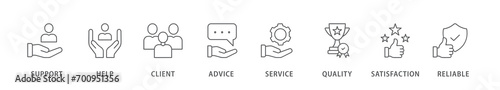 Customer care banner web icon vector illustration concept for customer support and telemarketing service with an icon of help, client, advice, chat, service, reliability, quality, and satisfaction