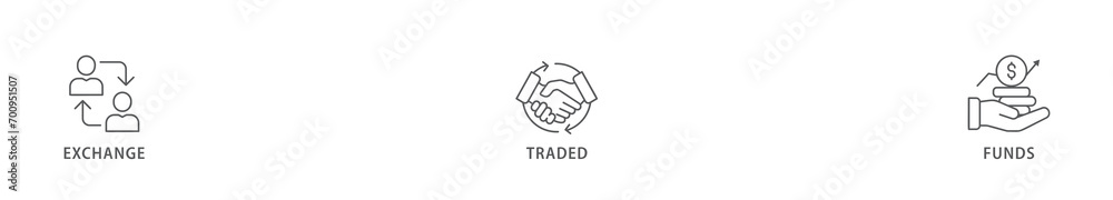 ETF banner web icon vector illustration concept Exchange Traded Funds Stock Market Investment with icon of money, cash flow, trading, transaction, bank, accounting, and growth ETF banner web icon vector illustration concept Exchange Traded Funds Stock Market Investment with icon of money, cash flow, trading, transaction, bank, accounting, and growth