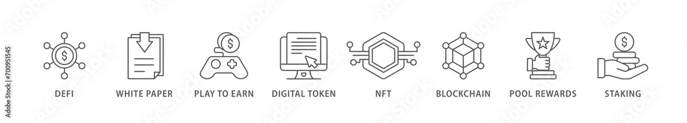 Gamefi banner web icon vector illustration concept with icon of defi, white paper, play to earn, digital token, nft, blockchain, pool rewards and staking Gamefi banner web icon vector illustration concept with icon of defi, white paper, play to earn, digital token, nft, blockchain, pool rewards and staking
