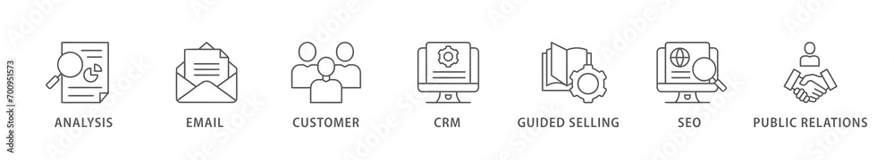 Inbound marketing banner web icon vector illustration concept with icon of analysis, email, customer, crm, guided selling, seo and public relations Inbound marketing banner web icon vector illustration concept with icon of analysis, email, customer, crm, guided selling, seo and public relations