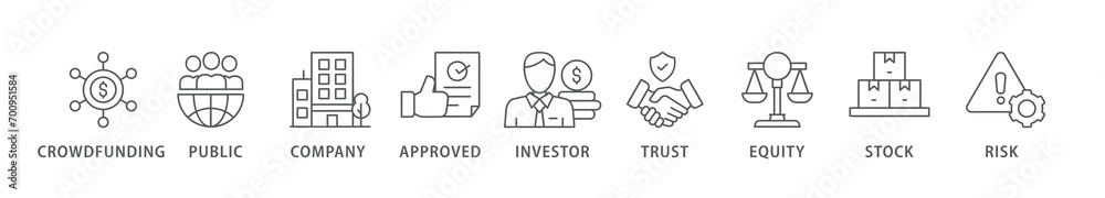 Ipo banner web icon vector illustration concept of initial public offering with icon of crowdfunding, public company, approved, investor, trust, equity, stock and risk Ipo banner web icon vector illustration concept of initial public offering with icon of crowdfunding, public company, approved, investor, trust, equity, stock and risk