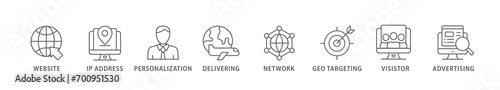 Geo-targeting banner web icon vector illustration concept with icon of website, ip address, personalization, delivering, network, geo targeting, visistor, advertising
