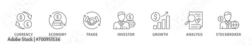Forex banner web icon vector illustration concept with icon of currency, economy, trade, investor, growth, analysis and stockbroker