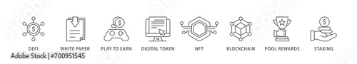 Gamefi banner web icon vector illustration concept with icon of defi, white paper, play to earn, digital token, nft, blockchain, pool rewards and staking