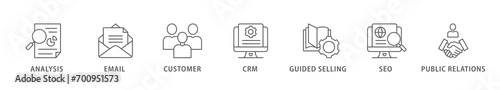 Inbound marketing banner web icon vector illustration concept with icon of analysis, email, customer, crm, guided selling, seo and public relations