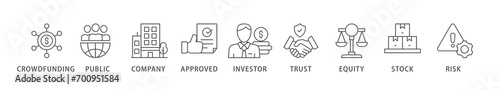 Ipo banner web icon vector illustration concept of initial public offering with icon of crowdfunding, public company, approved, investor, trust, equity, stock and risk