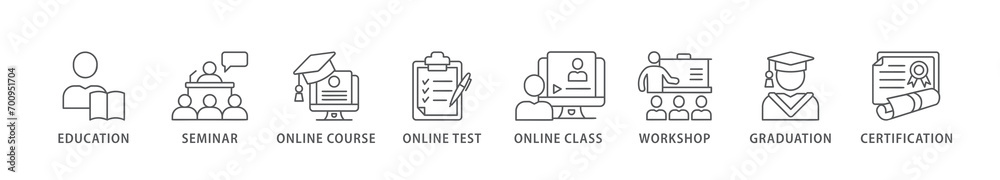 Online training banner web icon vector illustration concept with icon of education, seminar, online course, online test, online class, workshop, graduation, certification Online training banner web icon vector illustration concept with icon of education, seminar, online course, online test, online class, workshop, graduation, certification