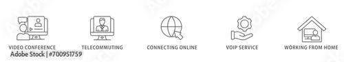 Remote working banner web icon vector illustration concept for working at home with icon of video conference, telecommuting, connecting online, voip, and working from home