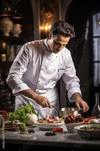 Chef meticulously arranging a salad in a well-lit kitchen