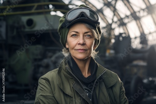 Portrait of mature woman in helmet and jacket at airfield.