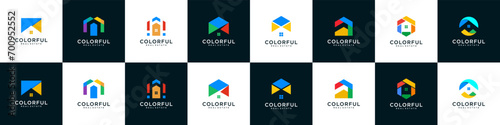 Abstract Colorful Real Estate Logo design mega collection.  Icons Construction Architecture Building Home Logo on rainbow and painting style.