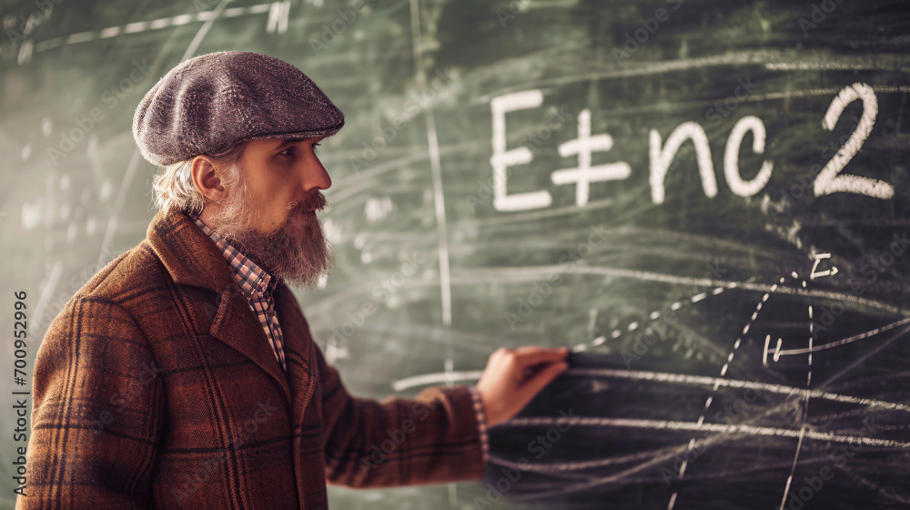 Side view of a bearded male teacher in a checkered jacket and a beret standing near the blackboard with formulas. Education concept. Side view of a bearded male teacher in a checkered jacket and a beret standing near the blackboard with formulas. Education concept.