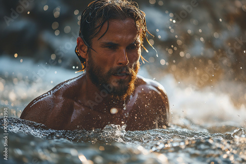 Aquatic Elegance  Portrait of Young  Attractive  Muscular Man Swimming