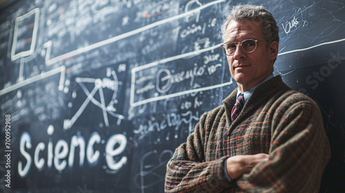 Senior teacher in front of a blackboard with the formula of science
