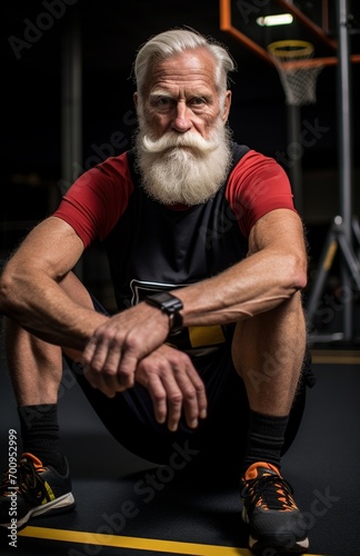 Senior athlete squatting confidently in a gym setting