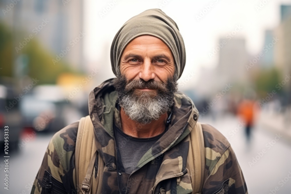 Portrait of a bearded man with a gray beard on the street