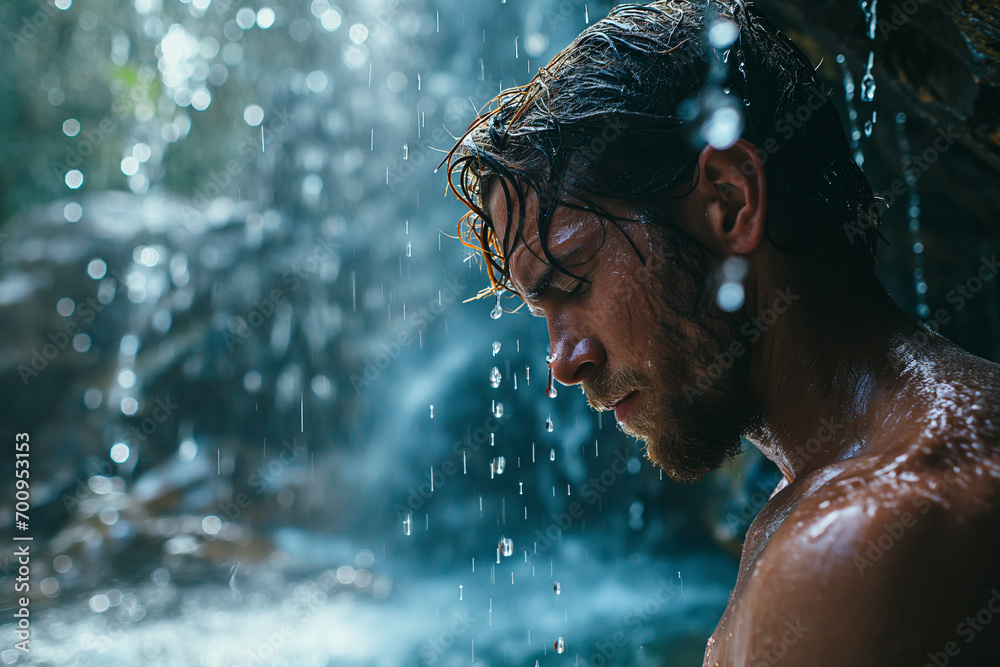 Fototapeta premium Young attractive and muscular man under a tropical waterfall