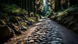 cobblestone path meanders through a lush green forest, sunlight filtering through tall trees, casting shadows on the moss-covered ground