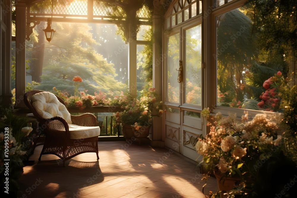 A cozy veranda overlooking a tranquil garden, bathed in soft morning light.
