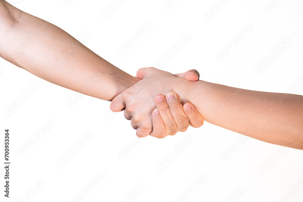 Two hands hold tightly together in different pose on isolated white background Two hands hold tightly together in different pose on isolated white background