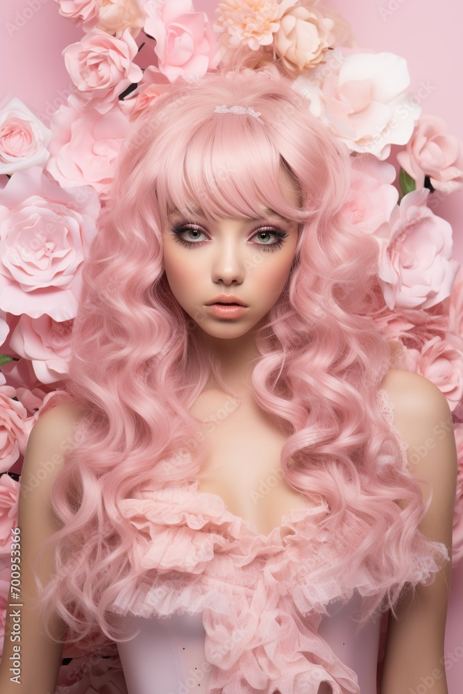 Woman in pink with floral fairy tale look Woman in pink with floral fairy tale look