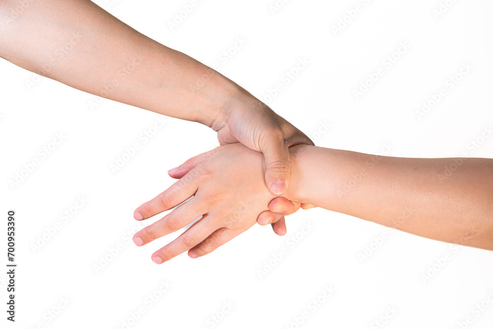 Two hands hold tightly together in different pose on isolated white background