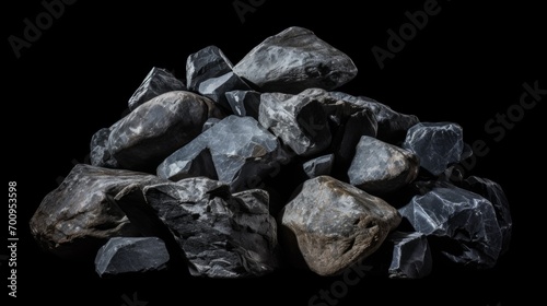 A pile of stones on a black background. Rocks piled up