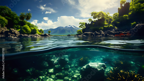 serene tropical landscape with lush greenery, palm trees, and rocky shores above clear water, with underwater coral and fish visible below